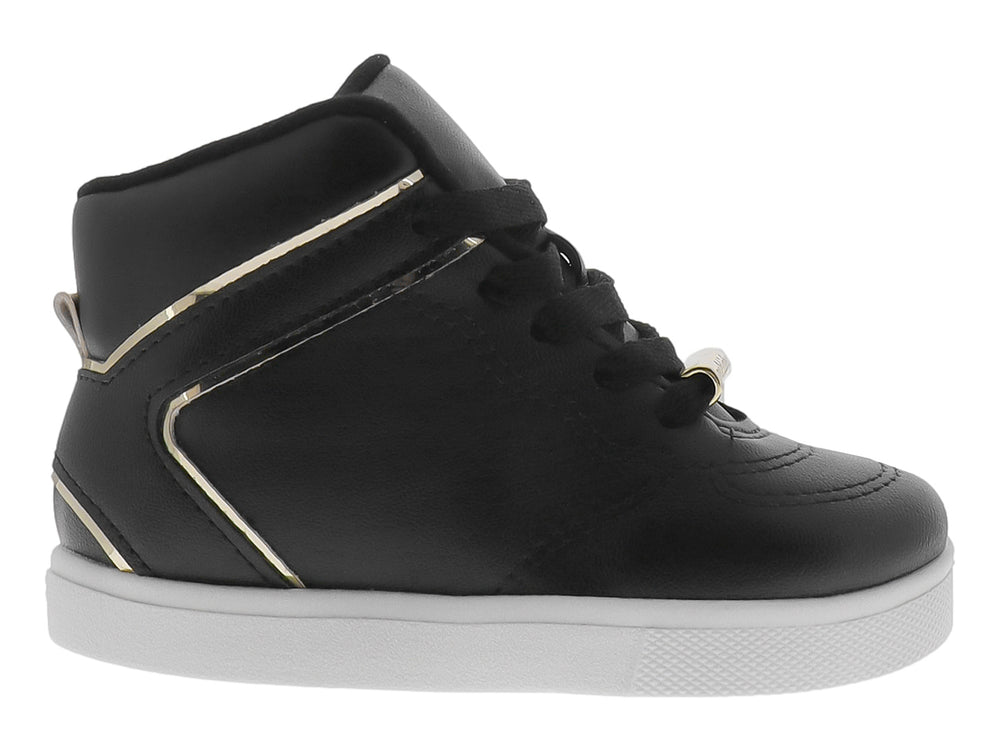 Tenis negros de bota para Niña con suela blanca y detalles dorados.