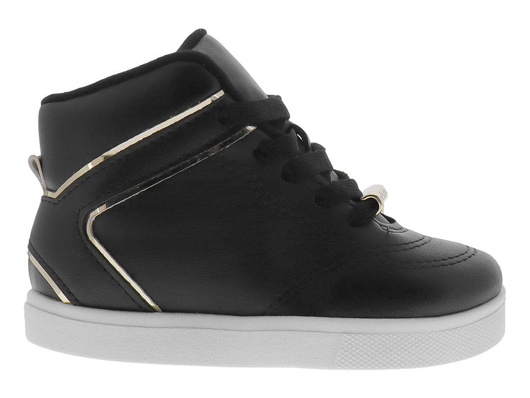 Tenis negros de bota para Niña con suela blanca y detalles dorados.