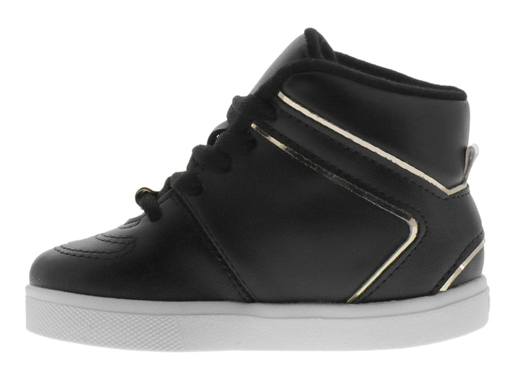 Tenis negros de bota para Niña con suela blanca y detalles dorados.