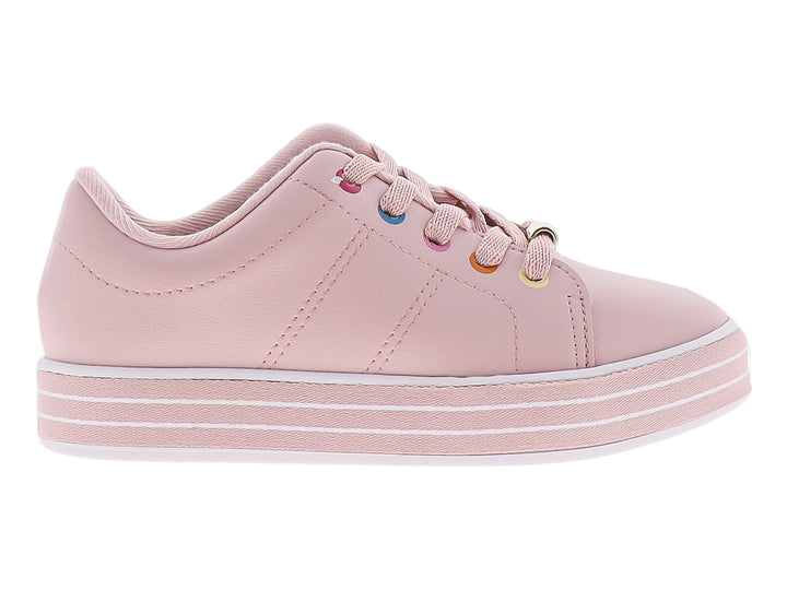 Tenis color rosa para niña con suela blanca y detalles coloridos en los ojales.