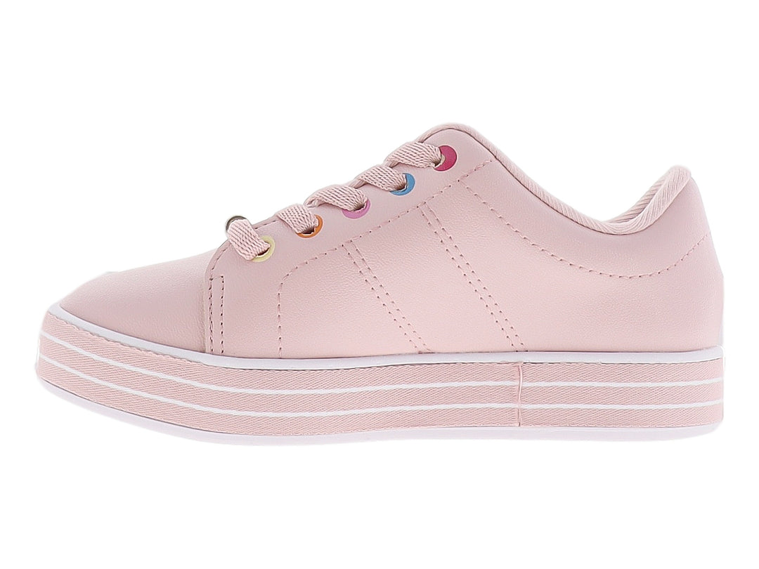 Tenis color rosa para niña con suela blanca y detalles coloridos en los ojales.