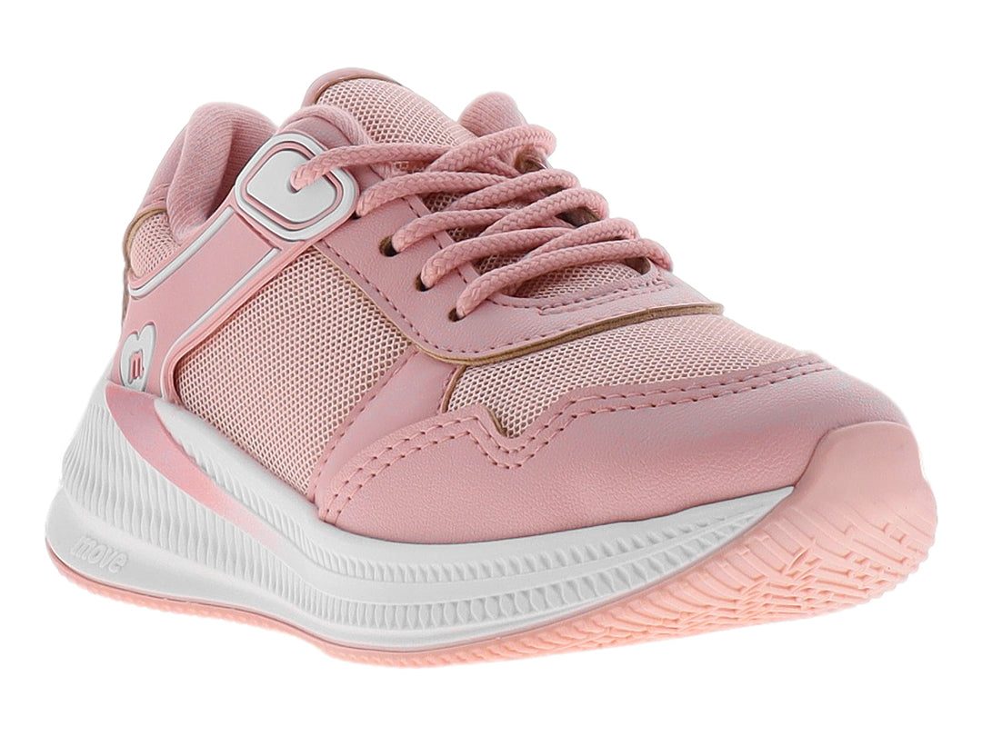 Tenis deportivos para niña en color rosa con detalles en blanco y suela blanca.