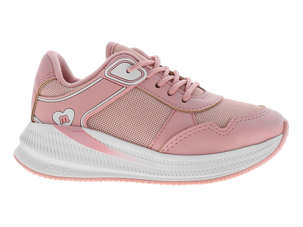 Tenis deportivos para niña en color rosa con detalles en blanco y suela blanca.