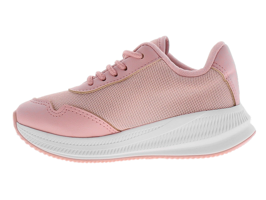 Tenis deportivos para niña en color rosa con detalles en blanco y suela blanca.