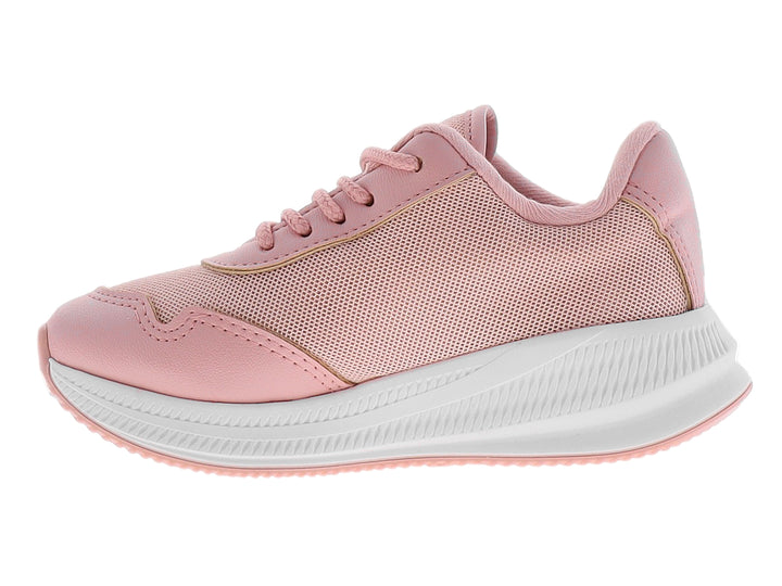 Tenis deportivos para niña en color rosa con detalles en blanco y suela blanca.