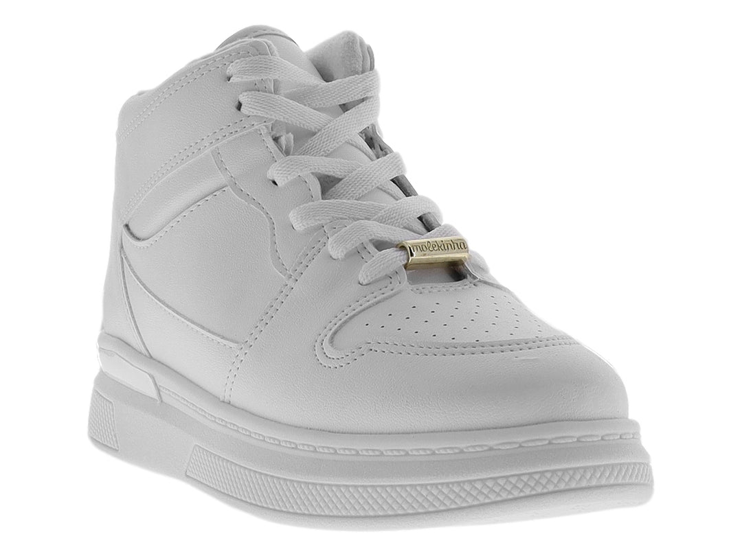 Tenis blancos tipo botín para niña con agujetas y detalle dorado en la lengüeta.