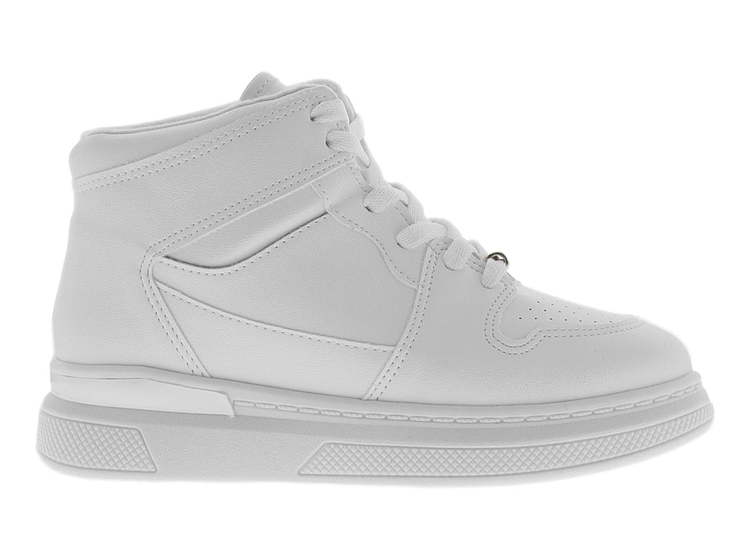 Tenis blancos tipo botín para niña con agujetas y detalle dorado en la lengüeta.