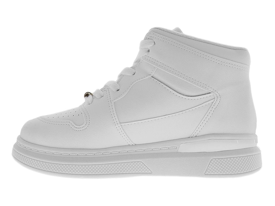 Tenis blancos tipo botín para niña con agujetas y detalle dorado en la lengüeta.