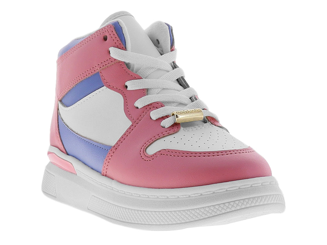 Tenis infantiles de bota media en colores rosa, blanco y morado con cordones blancos y suela gruesa.