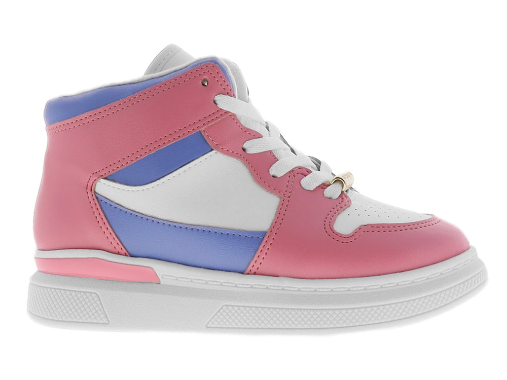 Tenis infantiles de bota media en colores rosa, blanco y morado con cordones blancos y suela gruesa.