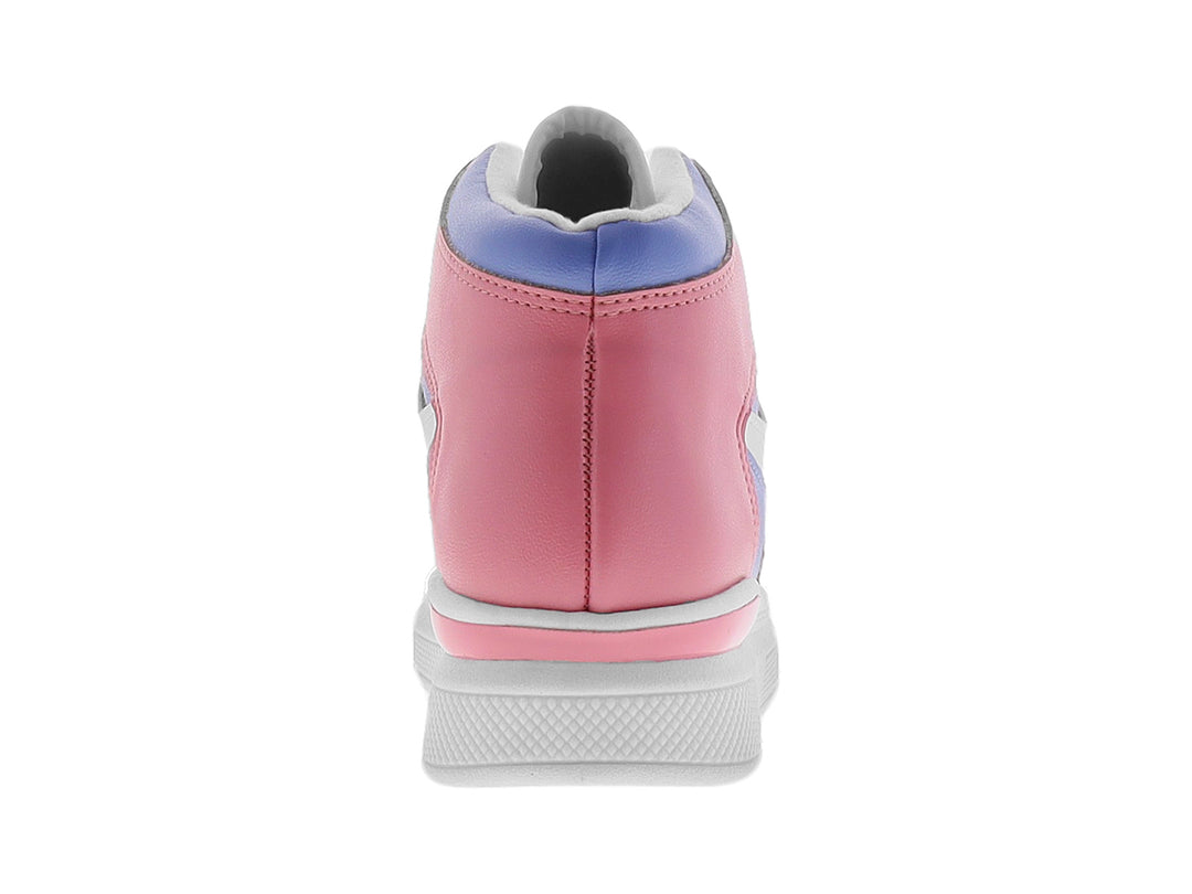 Tenis infantiles de bota media en colores rosa, blanco y morado con cordones blancos y suela gruesa.
