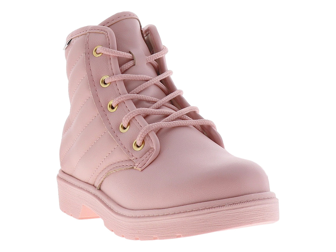 Bota rosa para niña de material sintético con agujetas y ojillos dorados.