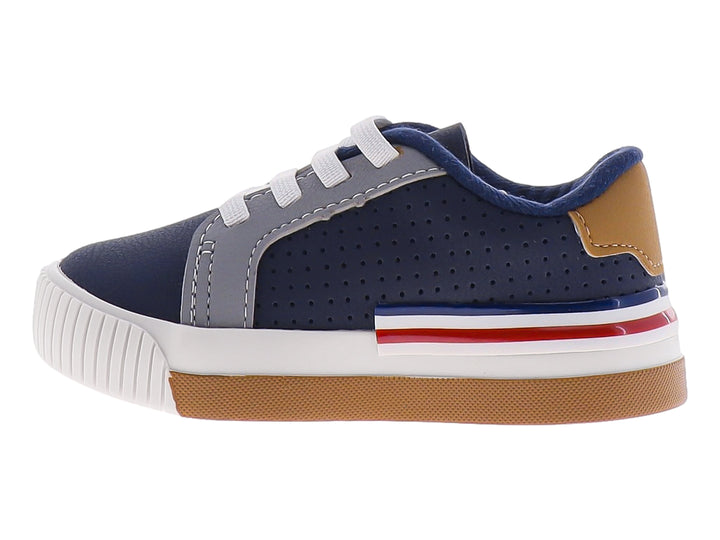 Tenis infantiles color azul marino y gris con suela blanca y detalles laterales.