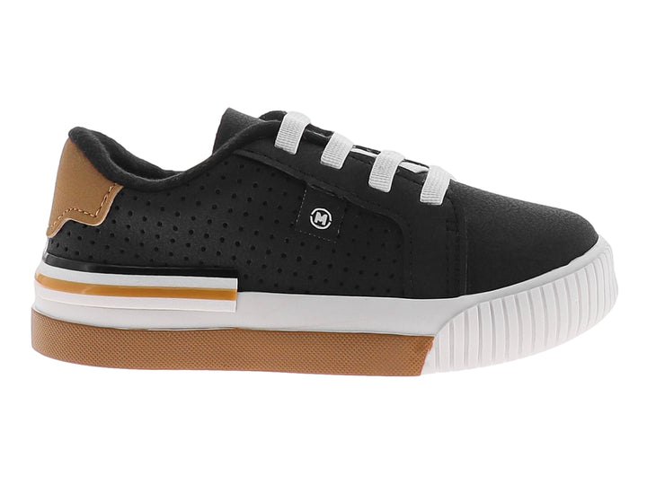 Tenis infantiles color negro con suela blanca y detalles en color caramelo.