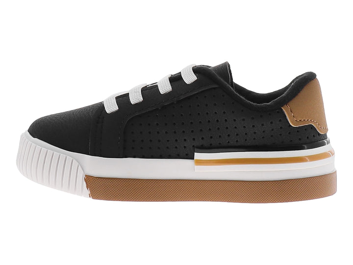 Tenis infantiles color negro con suela blanca y detalles en color caramelo.