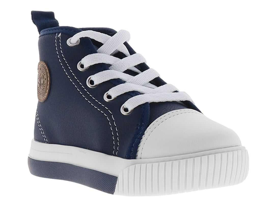 Tenis infantiles de bota corta en color azul marino con punta, agujetas y suela blanca.