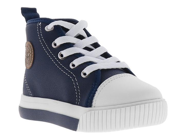 Tenis infantiles de bota corta en color azul marino con punta, agujetas y suela blanca.