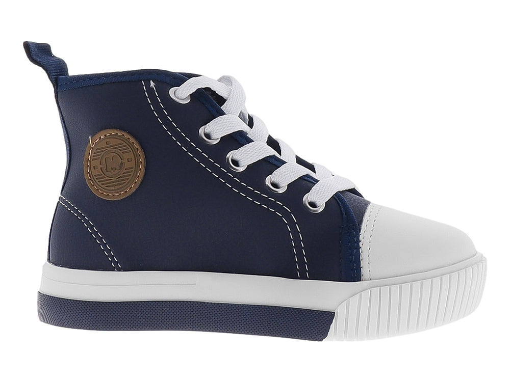 Tenis infantiles de bota corta en color azul marino con punta, agujetas y suela blanca.