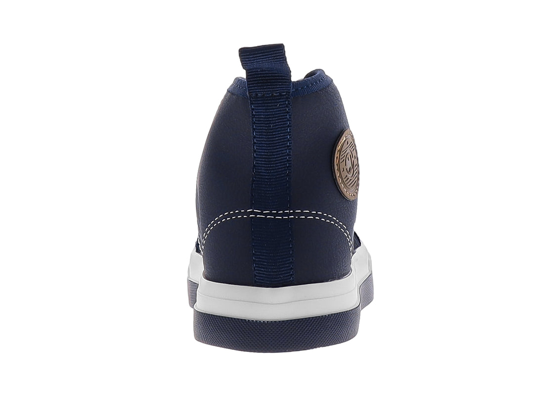 Tenis infantiles de bota corta en color azul marino con punta, agujetas y suela blanca.