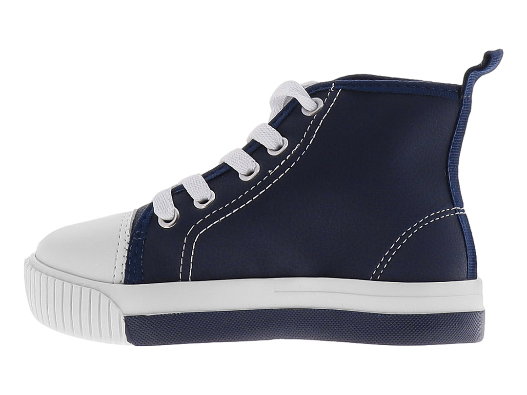 Tenis infantiles de bota corta en color azul marino con punta, agujetas y suela blanca.