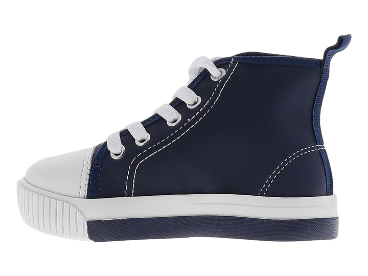 Tenis infantiles de bota corta en color azul marino con punta, agujetas y suela blanca.