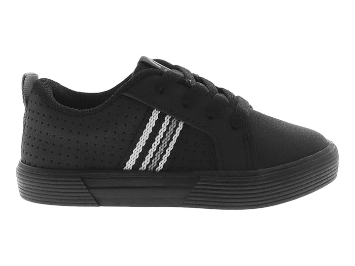 Tenis negros para niño con tres franjas blancas laterales y cordones.