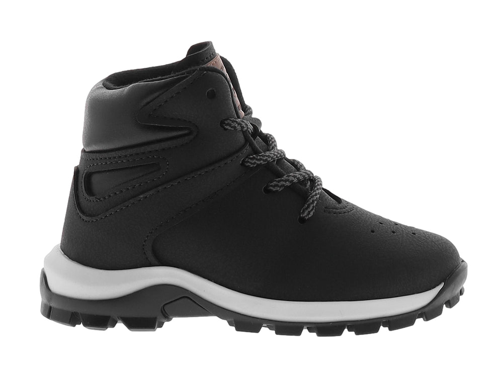 Bota infantil color negro con suela blanca y cordones.