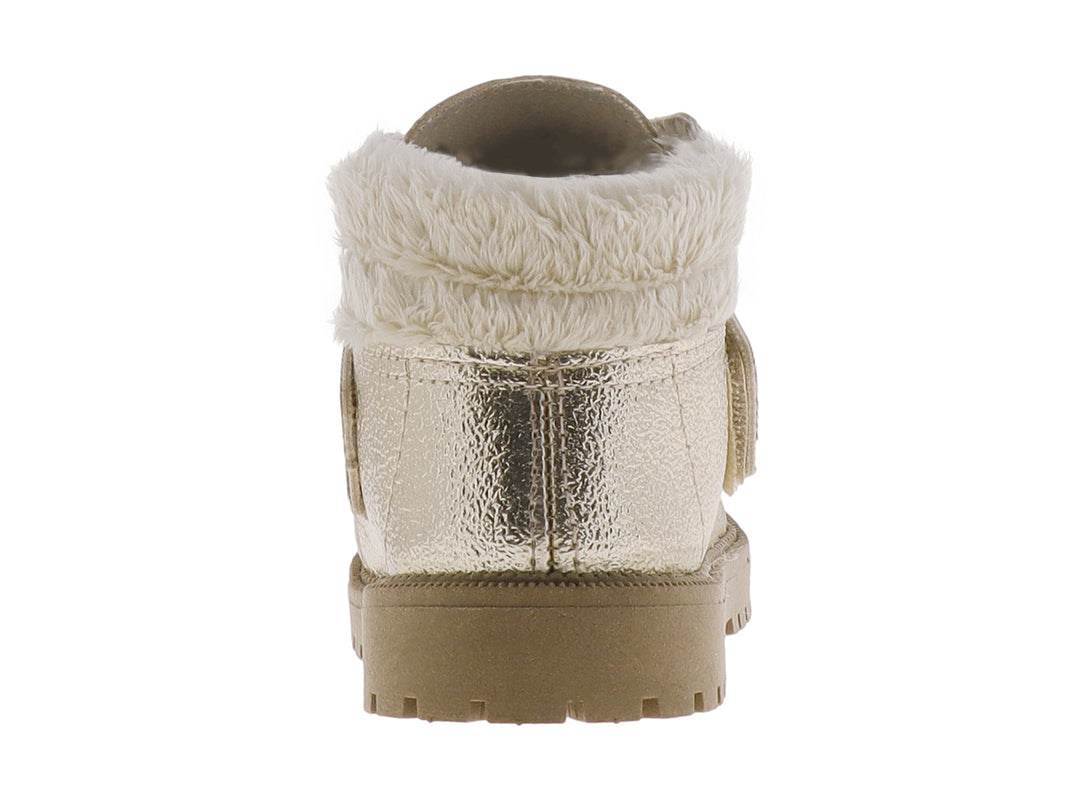 Bota infantil color oro metalizado con moño y detalle de corona, forrada con piel sintética blanca.