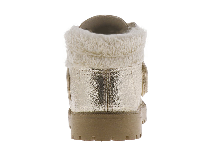 Bota infantil color oro metalizado con moño y detalle de corona, forrada con piel sintética blanca.