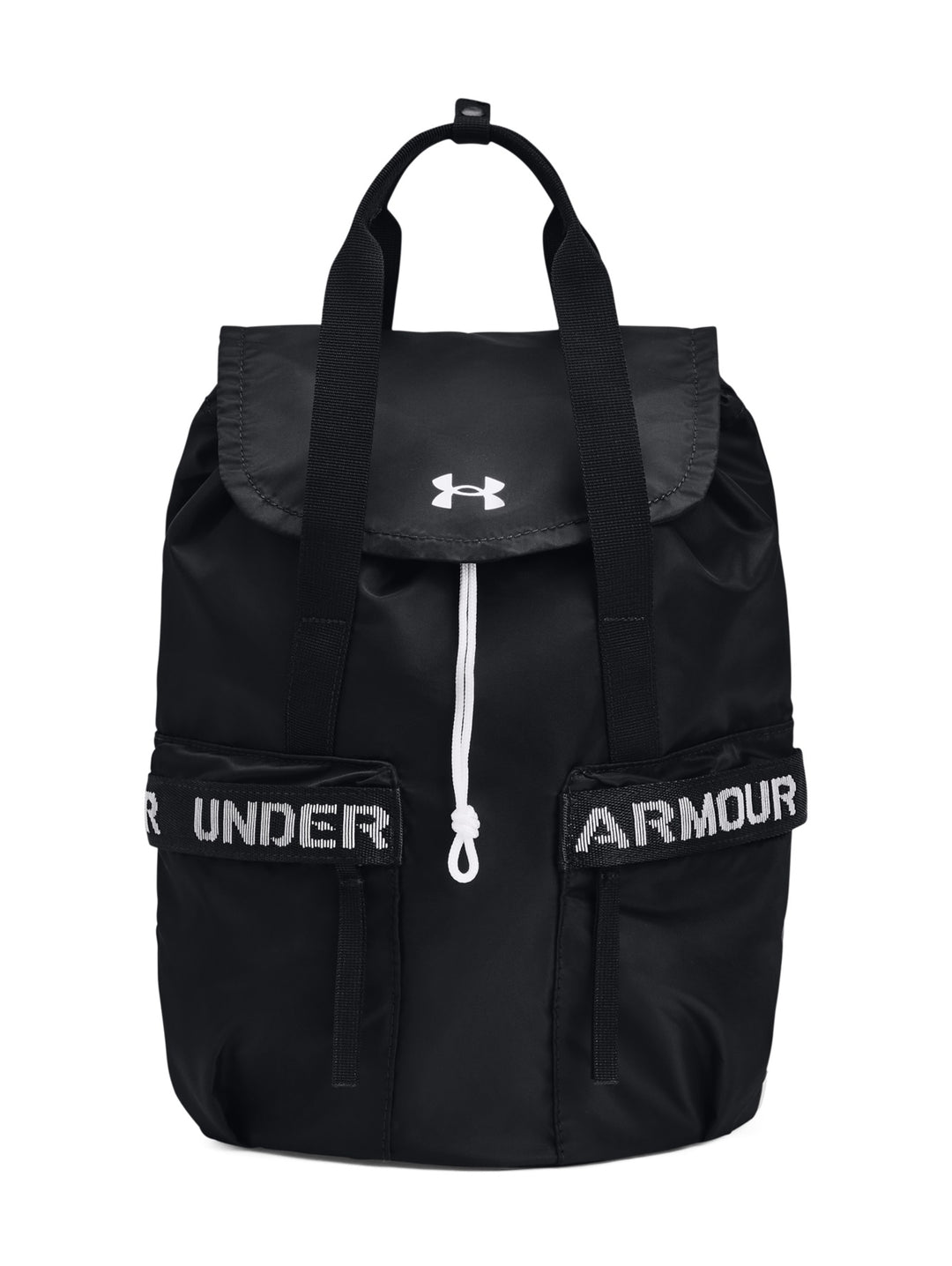 Mochila deportiva Under Armour color negro con detalles y logotipos en blanco, incluye bolsillos frontales y asa.