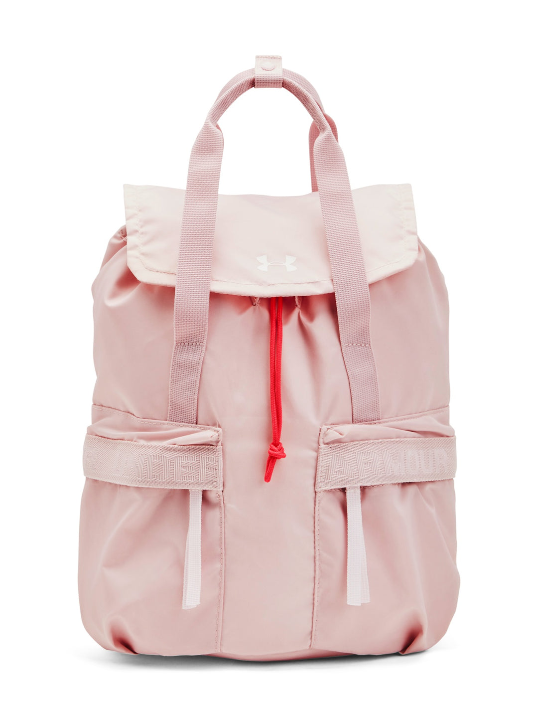 Mochila Under Armour de color rosa con cordones rojos y detalles en blanco.