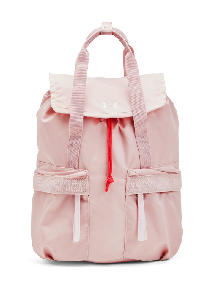 Mochila Under Armour de color rosa con cordones rojos y detalles en blanco.
