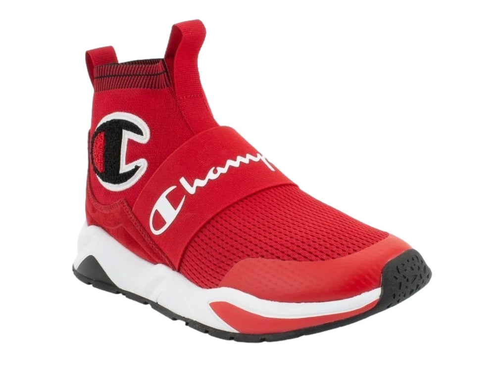 Tenis deportivos Champion color rojo con suela blanca y negra para niños, estilo slip-on.