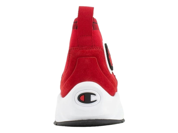 Tenis deportivos Champion color rojo con suela blanca y negra para niños, estilo slip-on.