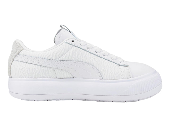 Tenis PUMA Suede Mayu ST WNS color blanco con suela de plataforma y detalles en gris claro.