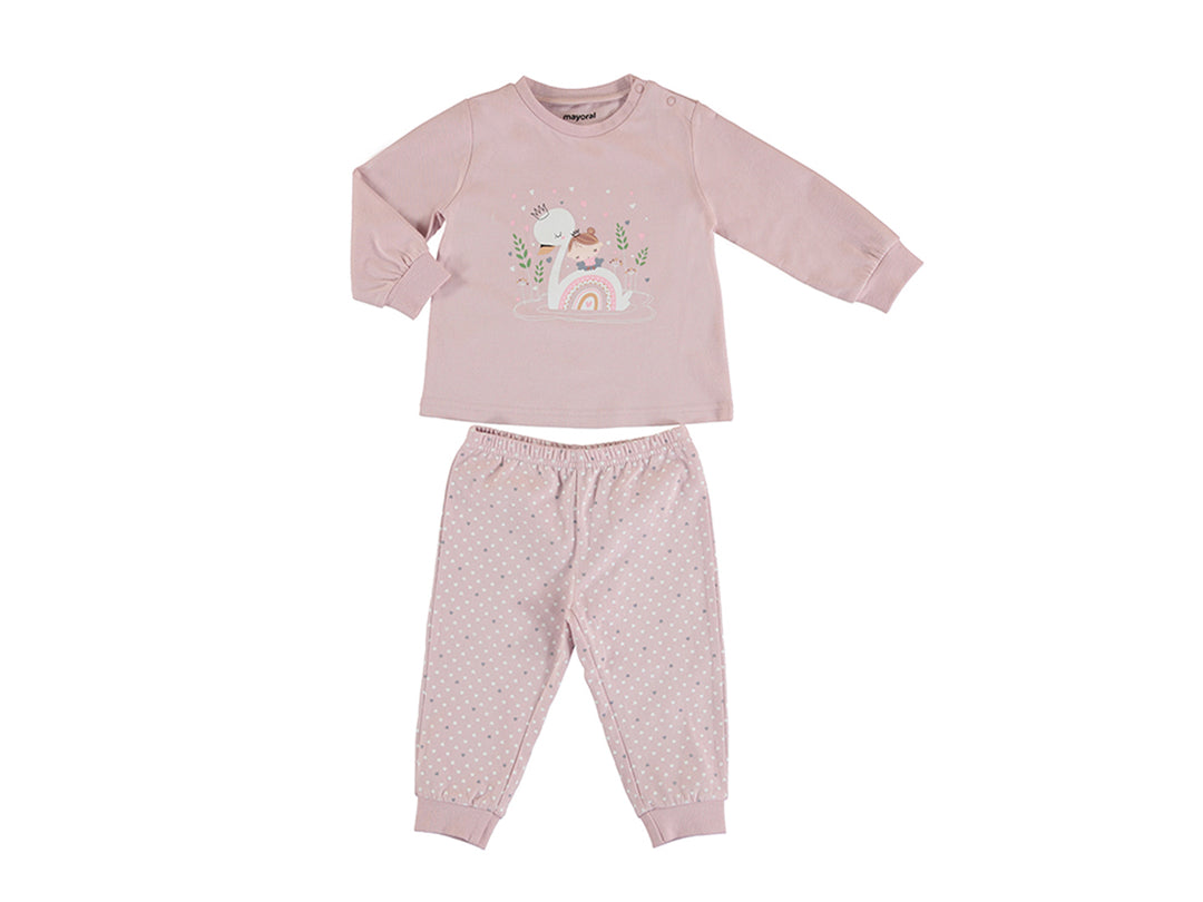 Pijama rosa de dos piezas para niña con estampado de cisne en la camiseta y pantalón con lunares blancos.
