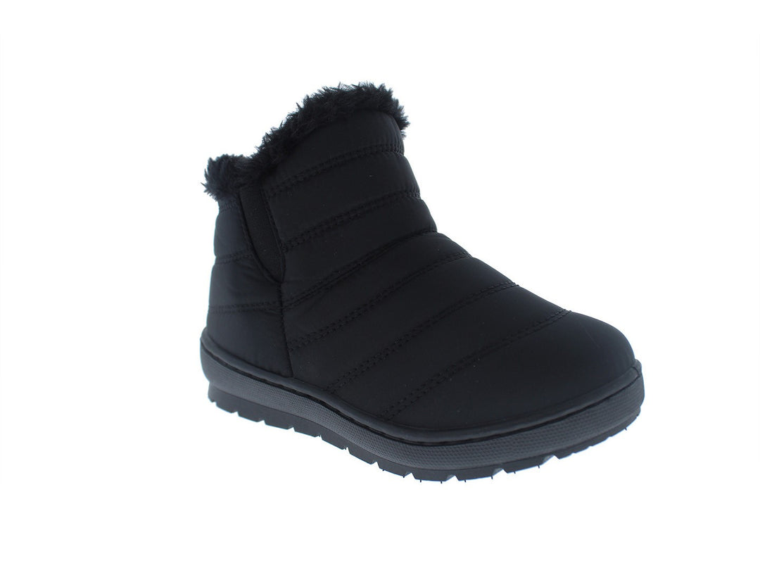 Bota infantil color negro con forro de piel sintética y diseño acolchado.