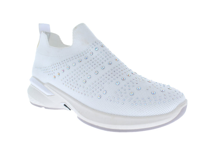 Tenis blancos estilo slip-on decorados con pequeños cristales brillantes en la parte superior.