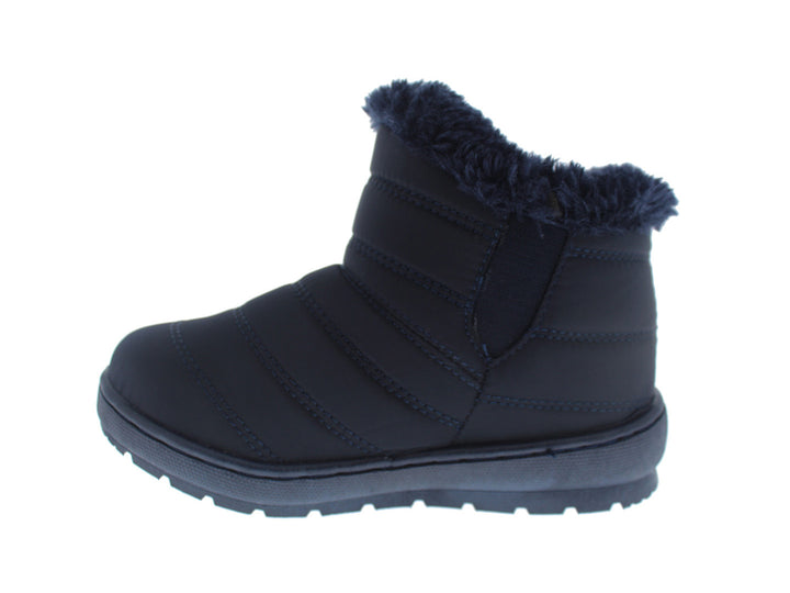 Bota infantil color azul marino con forro de peluche y suela de goma.
