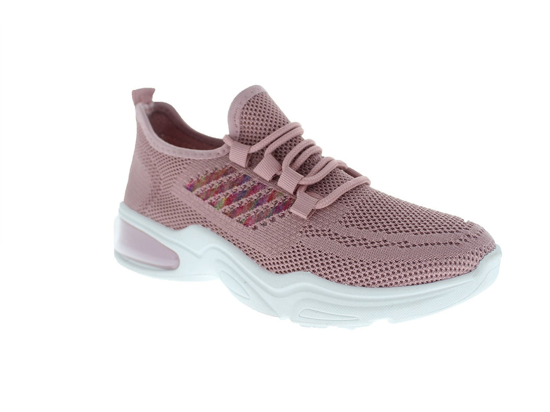 Tenis deportivos Furor para mujer en color rosa con suela blanca y detalles laterales multicolores.