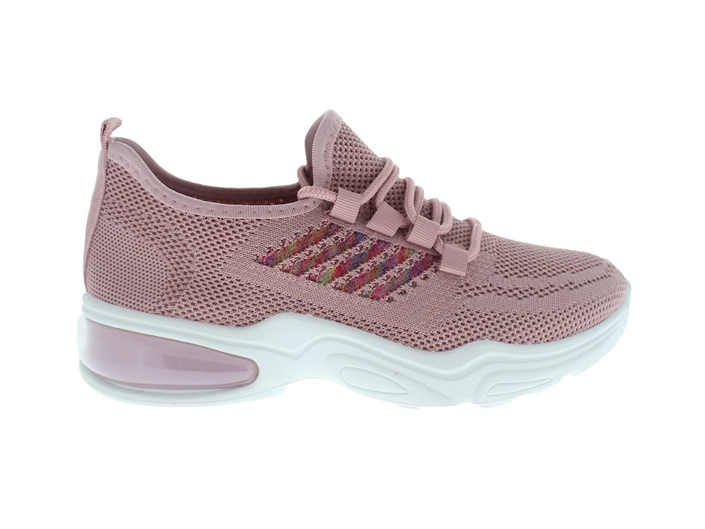 Tenis deportivos Furor para mujer en color rosa con suela blanca y detalles laterales multicolores.