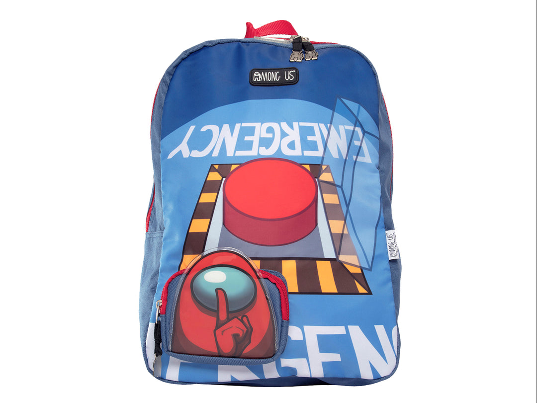 Mochila escolar azul de Among Us con estampado de botón de emergencia y personaje rojo en el bolsillo frontal.