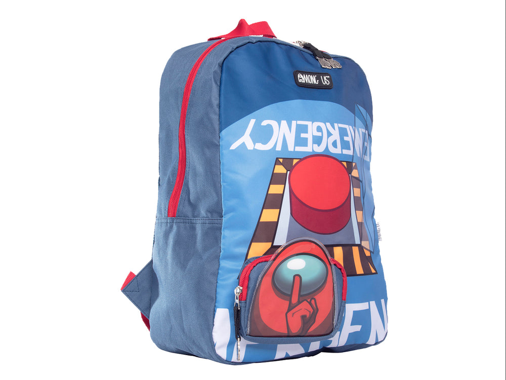 Mochila escolar azul de Among Us con estampado de botón de emergencia y personaje rojo en el bolsillo frontal.