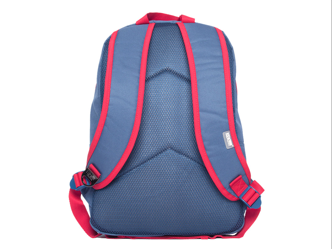 Mochila escolar azul de Among Us con estampado de botón de emergencia y personaje rojo en el bolsillo frontal.