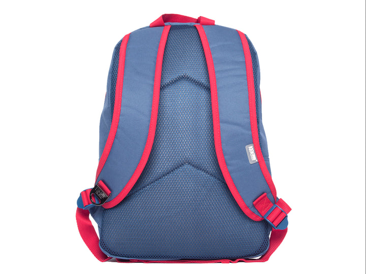 Mochila escolar azul de Among Us con estampado de botón de emergencia y personaje rojo en el bolsillo frontal.