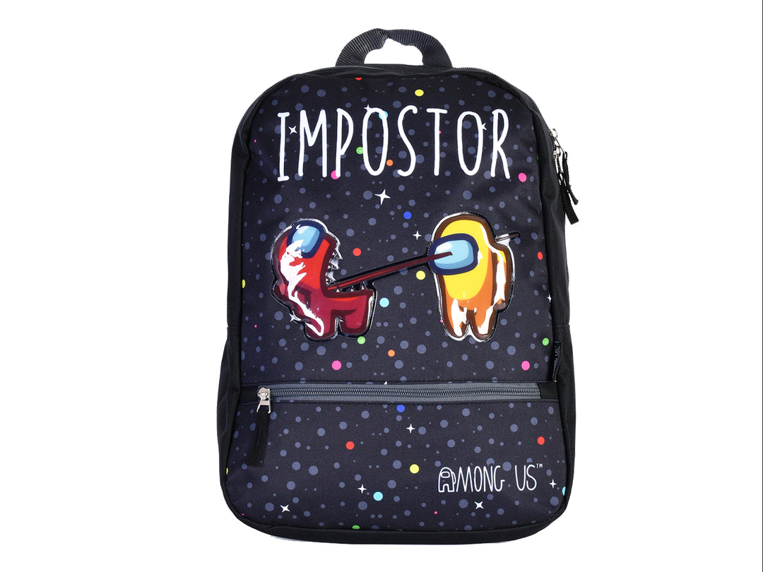 Mochila escolar negra con diseño de Among Us y temática espacial.