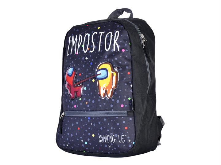 Mochila escolar negra con diseño de Among Us y temática espacial.