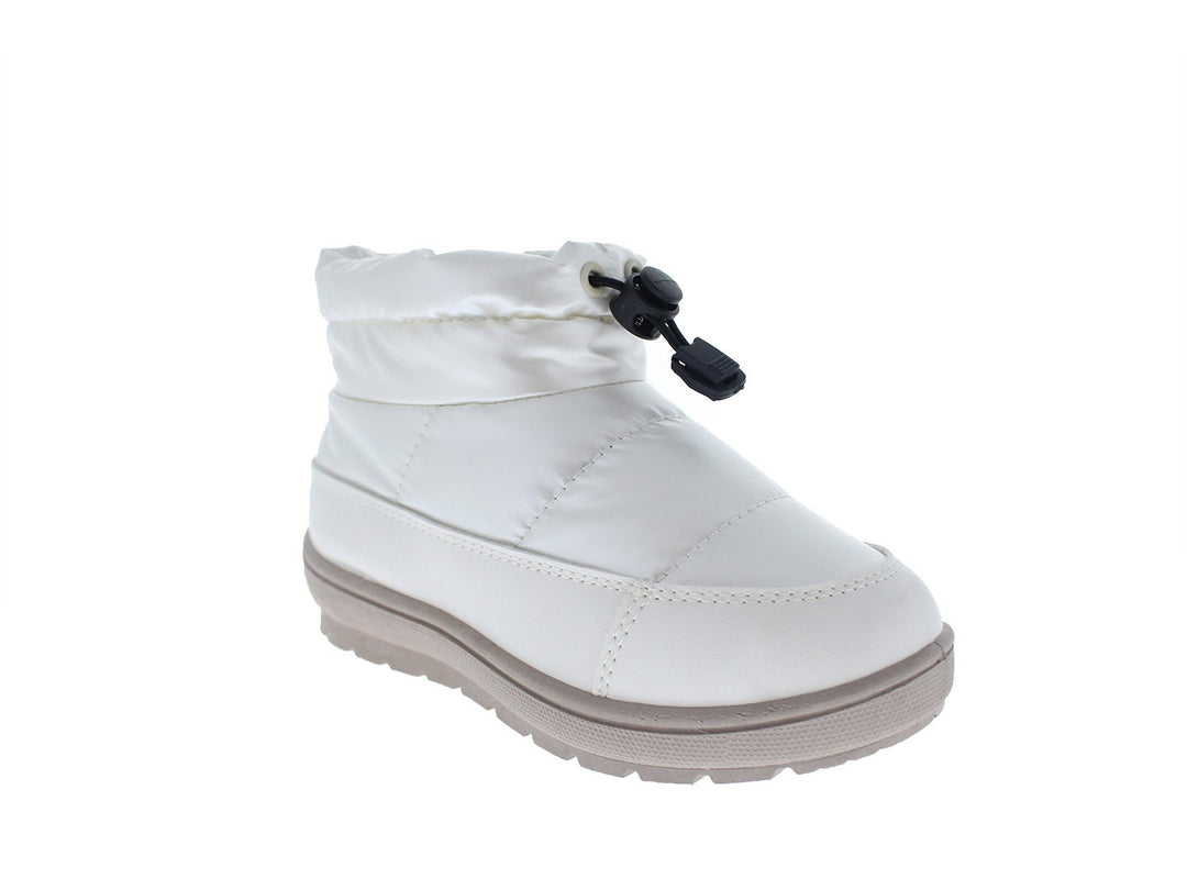 Botas beige acolchadas para bebé o niño con ajuste de cordón negro en la parte superior.
