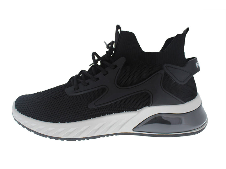 Tenis deportivos Furor color negro con suela blanca y gris, diseño de malla transpirable.