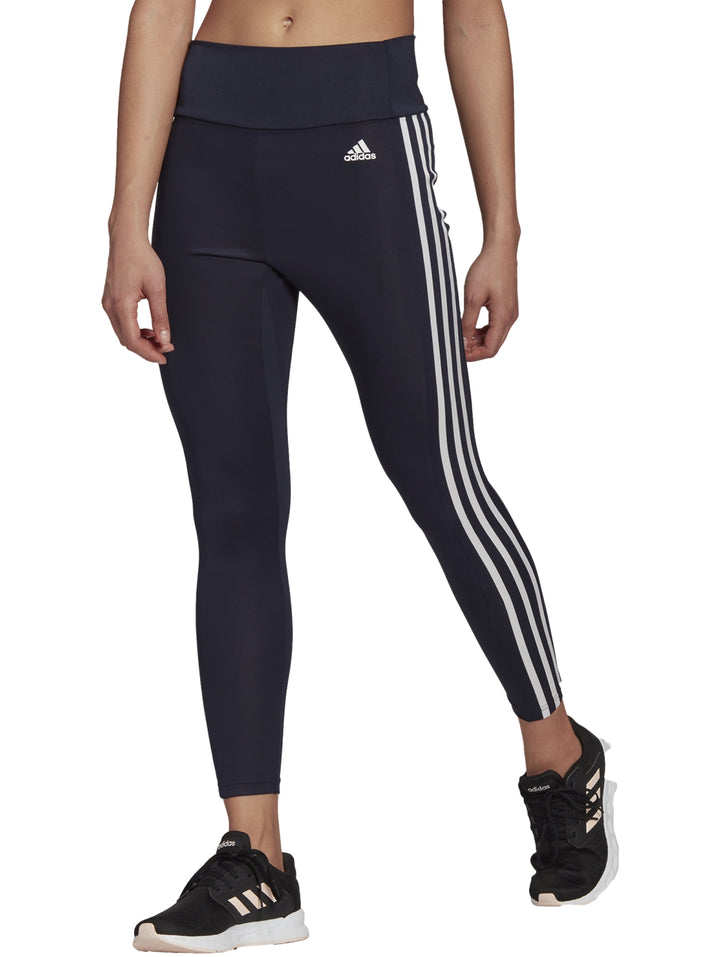 Leggings deportivos Adidas color azul marino con tres franjas blancas laterales y corte 7/8.